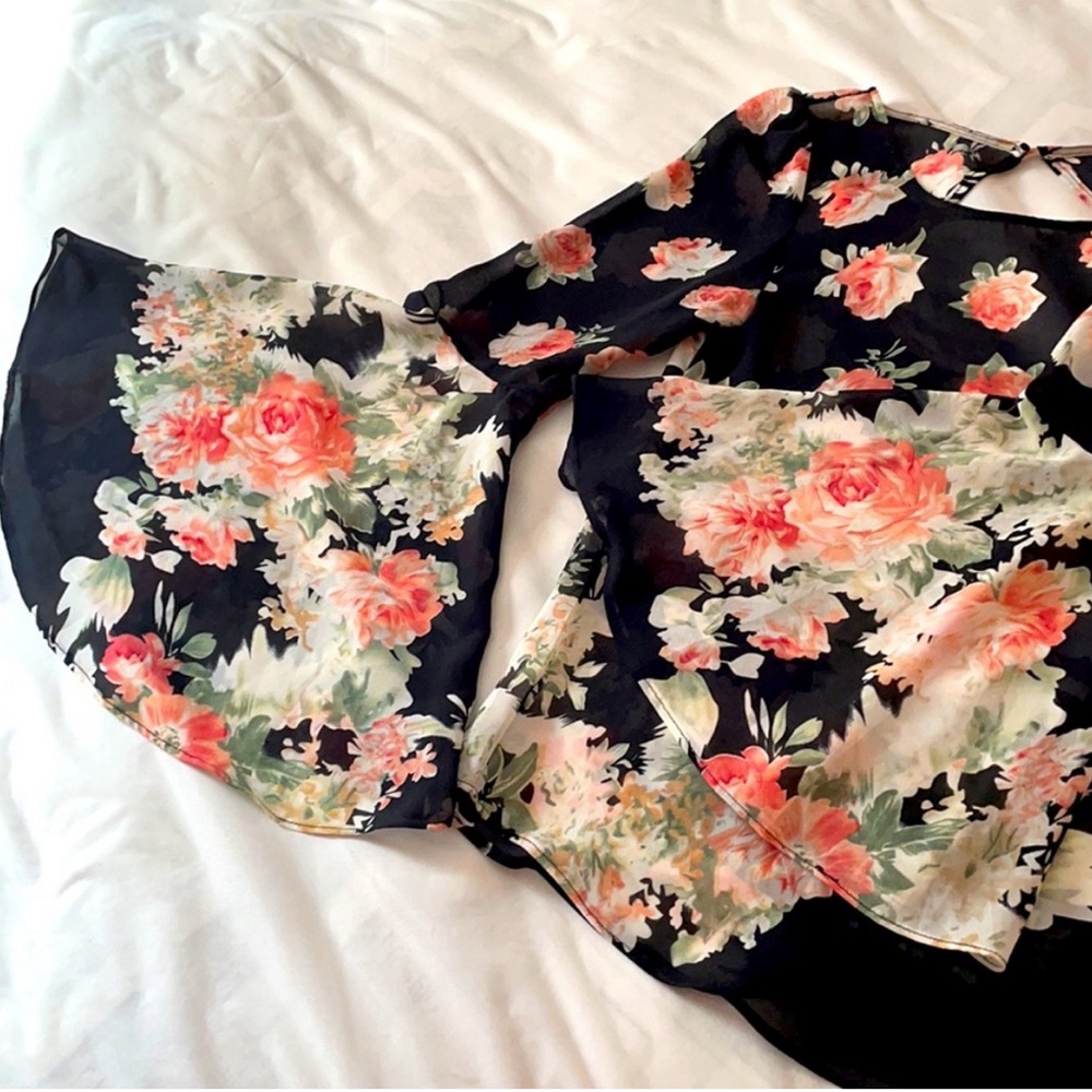 Bell Sleeve Sheer Floral Blouse